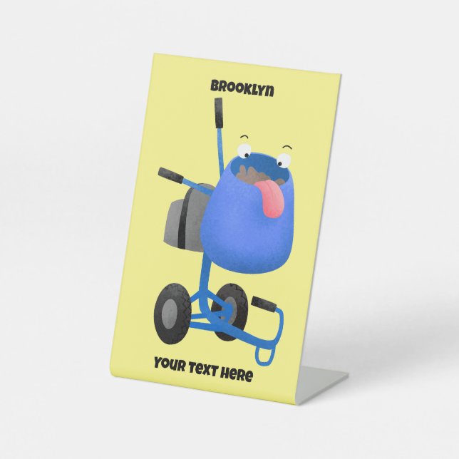 Funny blue cement mixer cartoon illustration pedestal sign (Front)