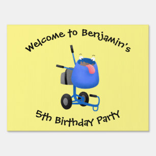 Funny blue cement mixer cartoon illustration sign