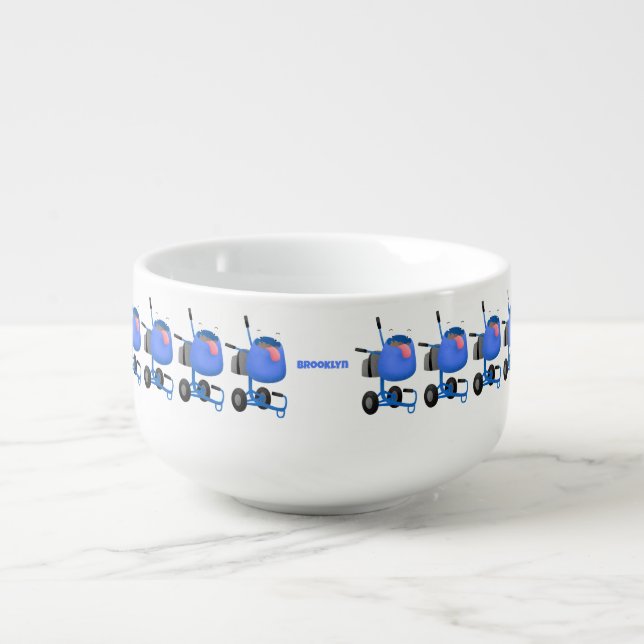 Funny blue cement mixer cartoon illustration  soup mug (Front)