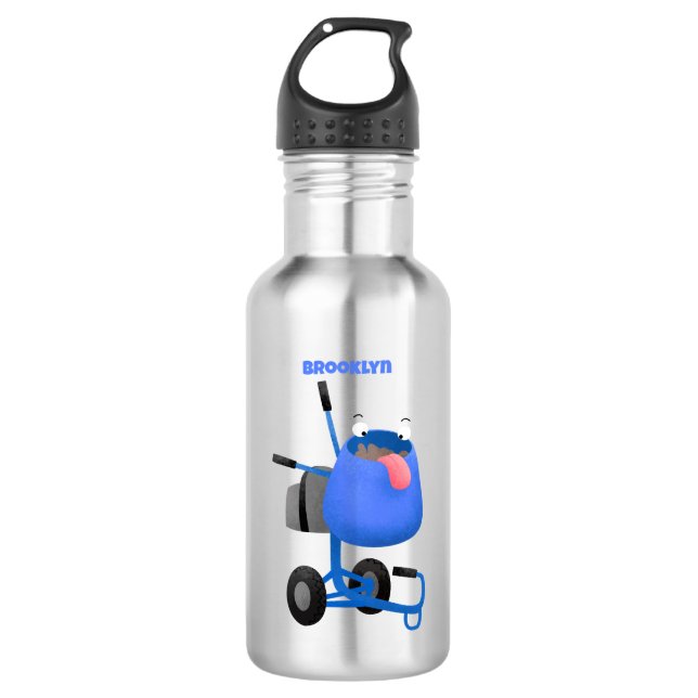 Funny blue cement mixer cartoon illustration stainless steel water bottle (Front)