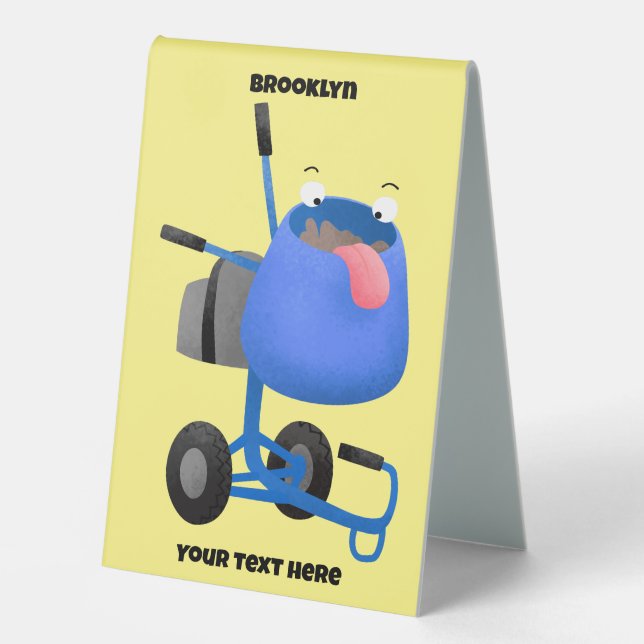Funny blue cement mixer cartoon illustration table tent (Front)
