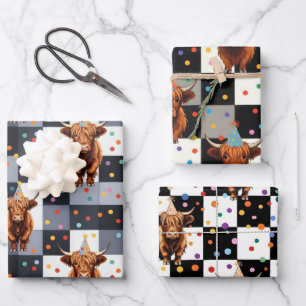 Funny Blue Checkered Highland Cow Birthday Wrapping Paper Sheets