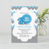 Funny Blue Chevron Silly Elephant | Baby Shower Invitation (Standing Front)