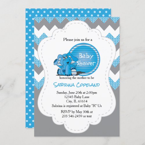 Funny Blue Chevron Silly Elephant  Baby Shower Invitation