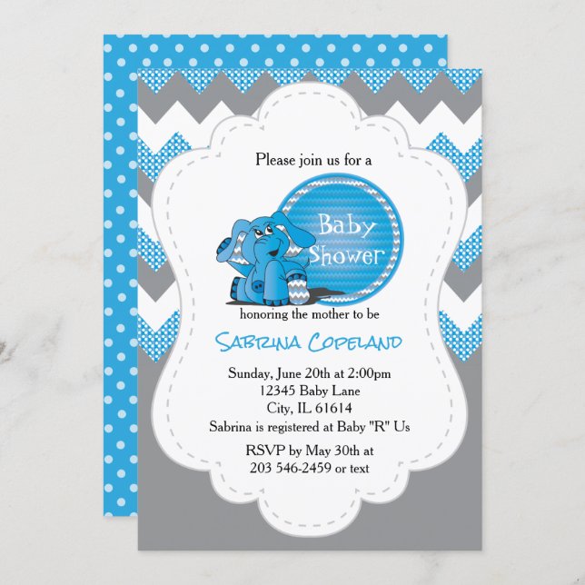 Funny Blue Chevron Silly Elephant | Baby Shower Invitation (Front/Back)
