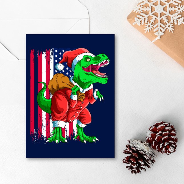 Funny Blue Christmas Santa TRex Tyrannosaurus Xmas Holiday Card (Creator Uploaded)