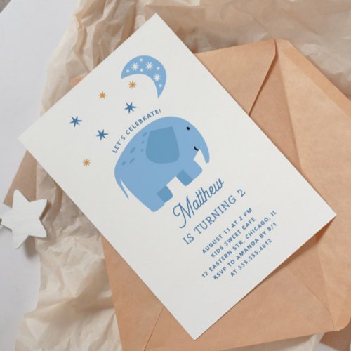 Funny blue elephant  moon Cute kids boy birthday Invitation
