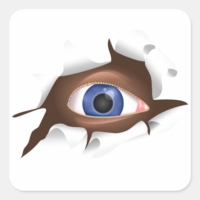 Funny Blue Eye Staring From Inside a Ripped Page Square Sticker (Front)