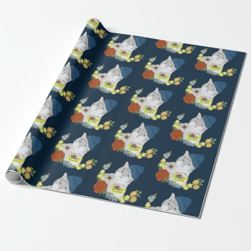 Funny Blue Floral Gangster Cat Pattern Wrapping Paper