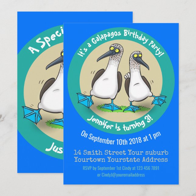 Funny blue footed boobies 3rd birthday cartoon invitation (Front/Back)