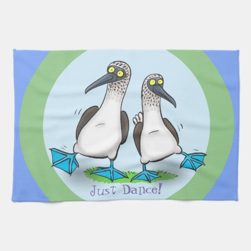 Funny blue footed boobies seabird dancing cartoon kitchen towel