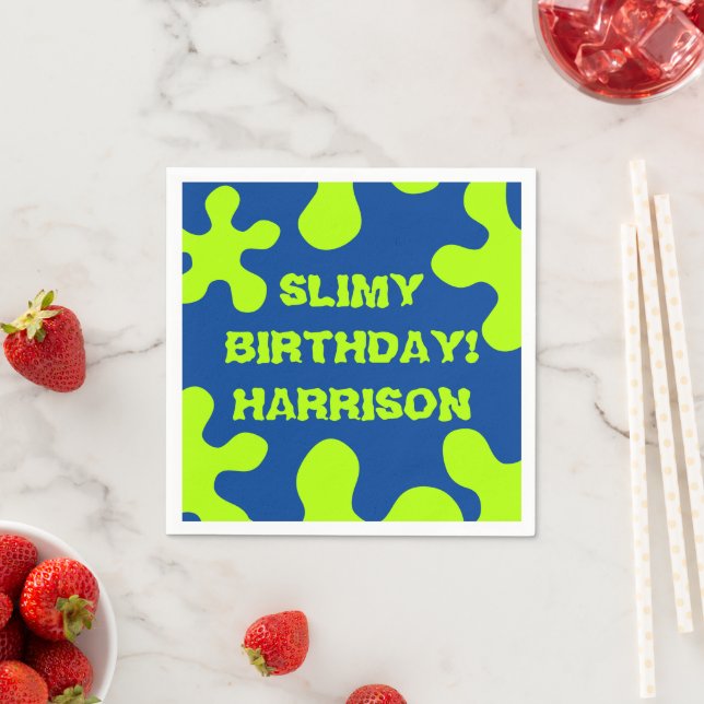 Funny blue green slime custom name birthday  napkins (Insitu)