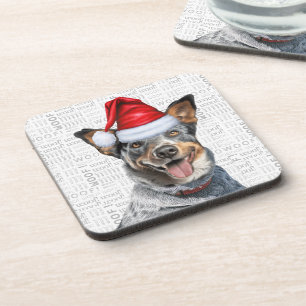 Funny Blue Heeler Dog Woof Word Art Holiday Beverage Coaster