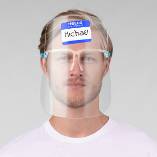 Funny Blue Hello My Name Is Sticker Face Shield