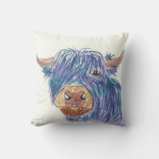 Funny Blue Highland Cow Throw Pillow (Front)