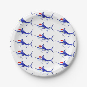 Funny Blue Marlin Santa Claus Paper Plates