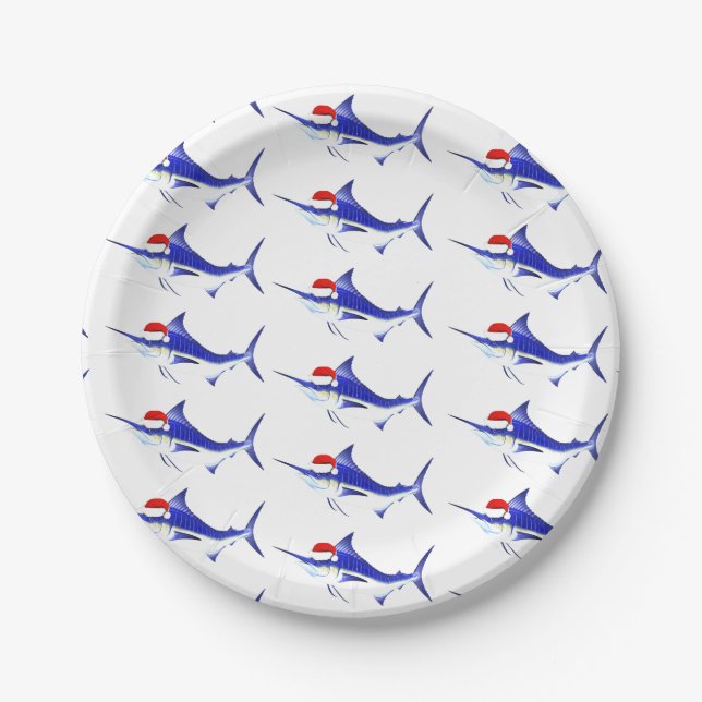Funny Blue Marlin Santa Claus Paper Plates (Front)