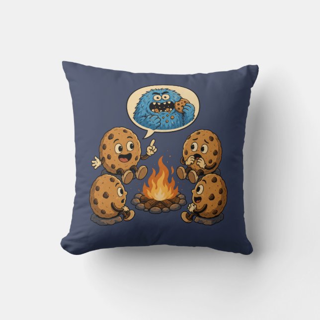 Funny Blue Monster Eats Cookies Campfire Story Throw Pillow (Front)