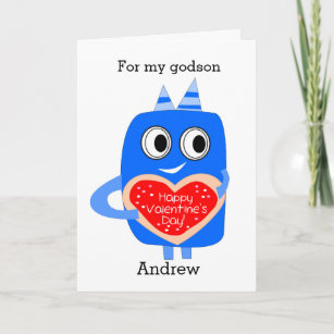 Funny Blue Monster Valentine's Day Godson Holiday Card
