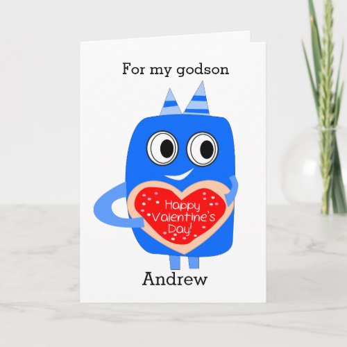 Funny Blue Monster Valentines Day Godson Holiday Card