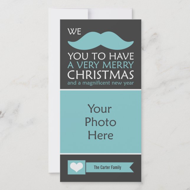 Funny Blue Mustache Christmas Photo Holiday Card (Front)