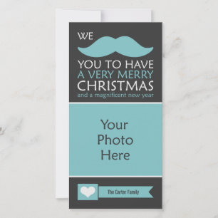 Funny Blue Mustache Christmas Photo Holiday Card