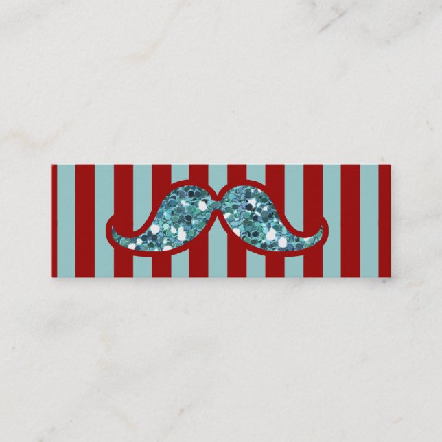 FUNNY BLUE MUSTACHE GLITTER RED STRIPES MINI BUSINESS CARD (Front)