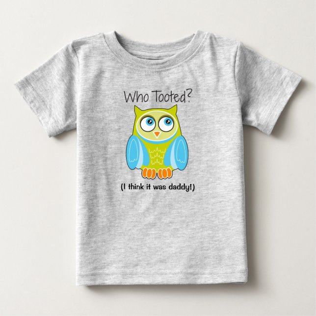 Funny Blue Owl “Who Tooted?” Kids’ T-Shirt (Front)