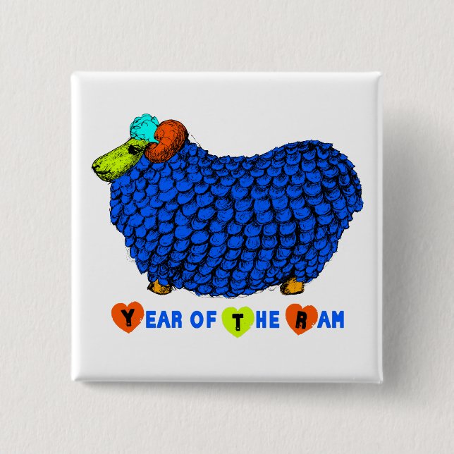 Funny Blue Ram Chinese Year Zodiac Square B Pinback Button (Front)