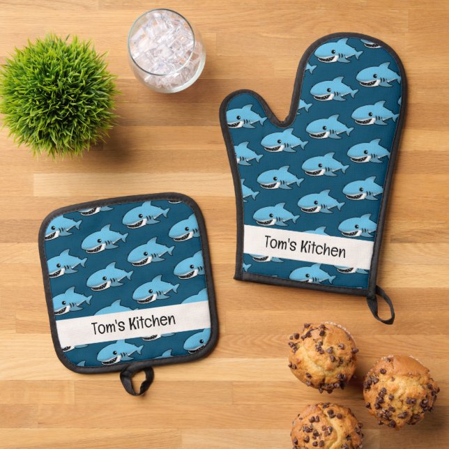 funny blue shark (name) oven mitt & pot holder set (Top Down)