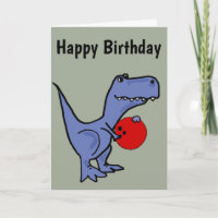 Funny Blue T-rex Dinosaur Bowling Cartoon Card