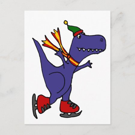 Funny Blue T-rex Dinosaur Ice Skating Art Postcard