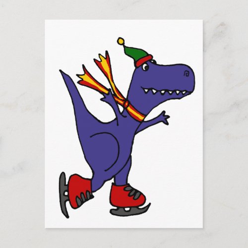 Funny Blue T_Rex Dinosaur Ice Skating Art Postcard