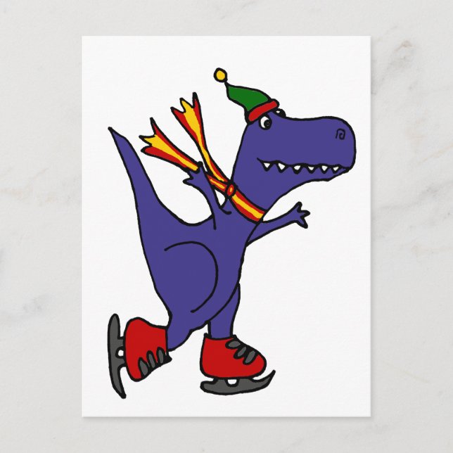 Funny Blue T-Rex Dinosaur Ice Skating Art Postcard (Front)