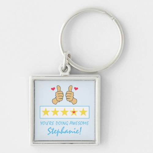 Funny Blue Thumbs Up Five Star Rating Custom Name Keychain