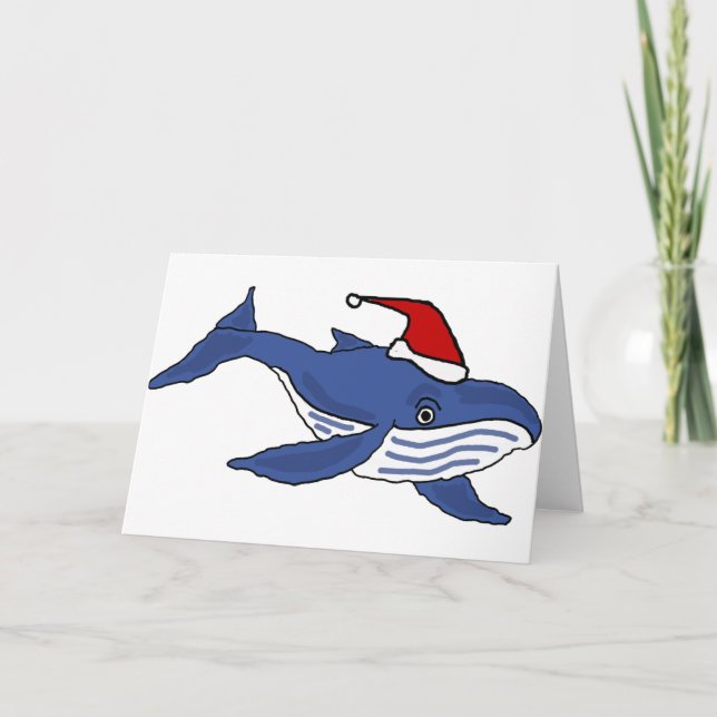 Funny Blue Whale in Santa hat Christmas Art Holiday Card (Front)