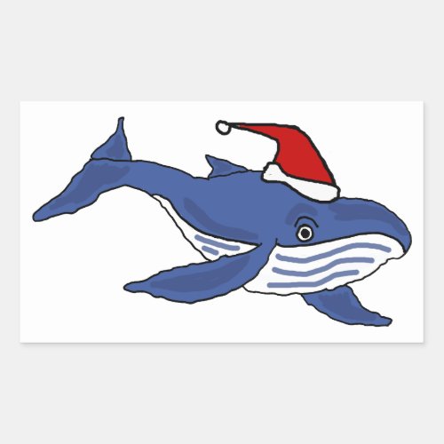 Funny Blue Whale in Santa hat Christmas Art Rectangular Sticker
