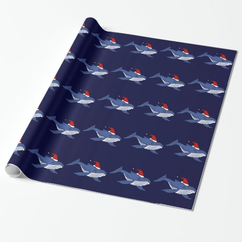 Funny Blue Whale in Santa hat Christmas Art Wrapping Paper