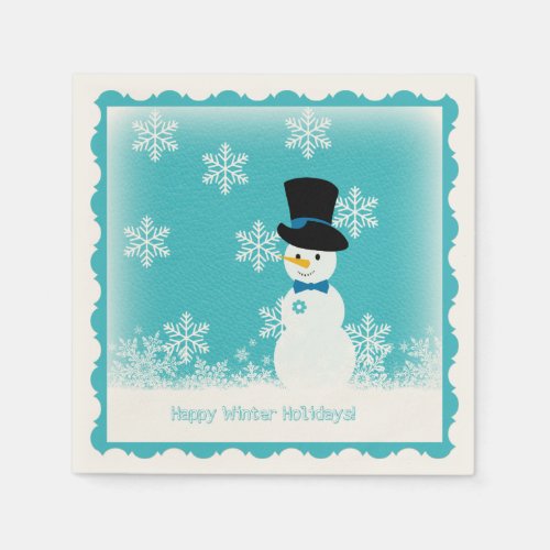 Funny blue white snowman with flakes holiday paper napkins