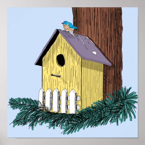 Funny Bluebird on Birdhouse Poster