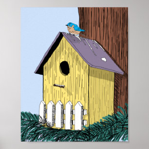 Funny Bluebird on Birdhouse Poster