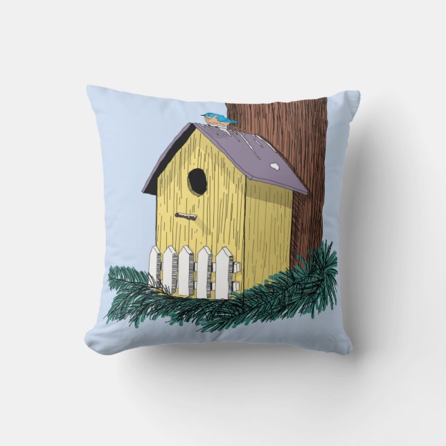 Funny Bluebird on Birdhouse Throw Pillow (Front)