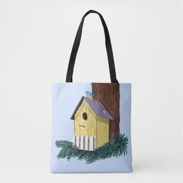 Funny Bluebird on Birdhouse Tote Bag (Front)