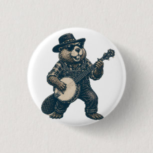 Funny Bluegrass Beaver Vintage Country Music Art Button