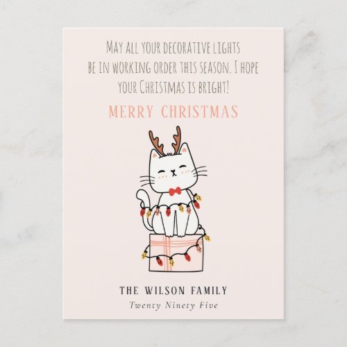 Funny Blush Tangled Working Christmas Lights Cat Holiday Postcard