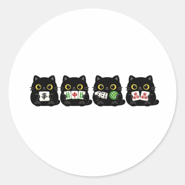 Funny Board Game Night , Mahjong Black Cat Classic Round Sticker (Front)