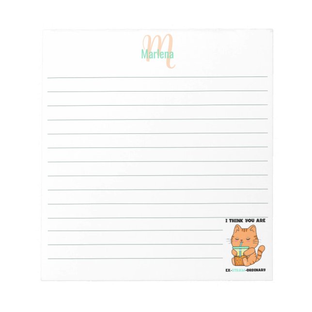 Funny boba bubble tea kitten personalized lined notepad (Front)