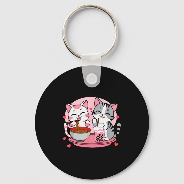 Funny Boba Ramen Cats Kawaii Anime Japan Cute Neko Keychain (Front)