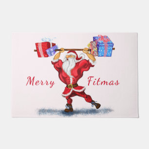 Funny Bodybuilder Santa Claus with Christmas Gifts Doormat