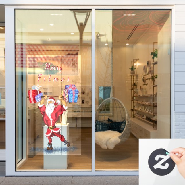 Funny Bodybuilder Santa Claus with Christmas Gifts Window Cling (Store Window)